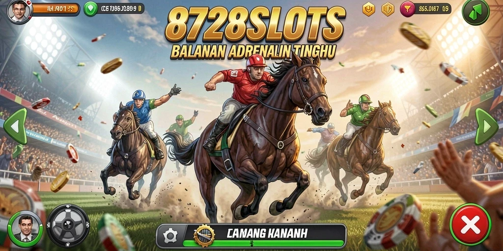Tampilan gameplay seru dari 8728SLOTS dengan mobil balap yang cepat.