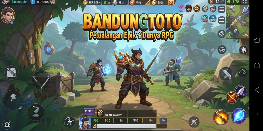 Screenshot utama BANDUNGTOTO menampilkan aksi seru para karakter dalam pertarungan RPG.