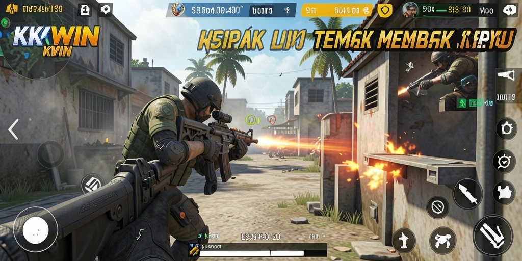 Screenshot gameplay KKWIN yang menampilkan aksi tembak-menembak yang intens.