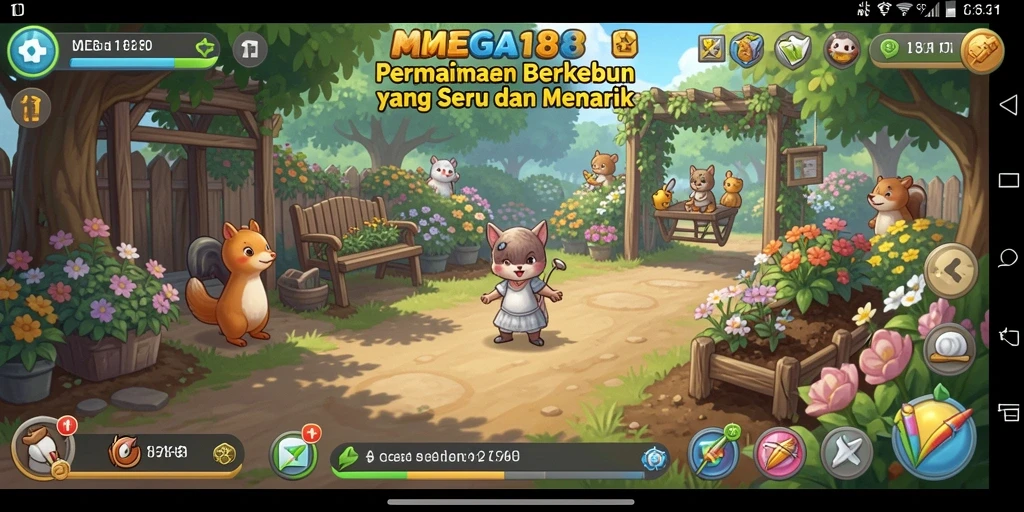 Tangkapan layar utama MEGA188 menampilkan kebun yang subur dan hewan ternak yang sehat.